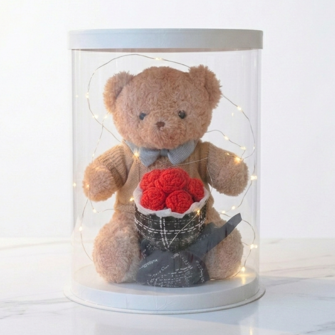 Teddy Bear with Hand-Knitted Red Roses Bouquet Soft Plush Gift ...