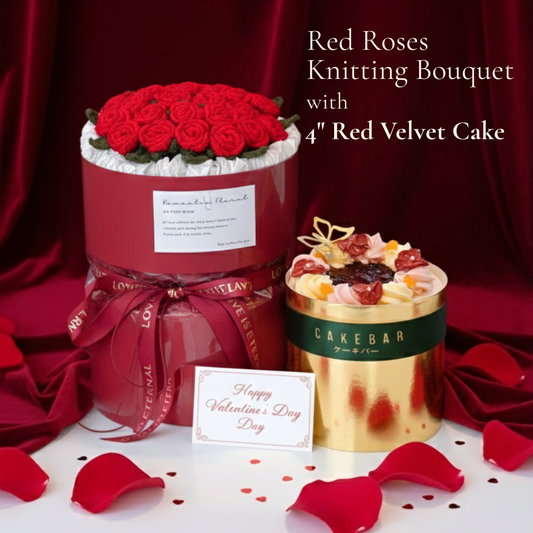 Red Roses Knitting Bouquet with Red Velvet Cake (Set)