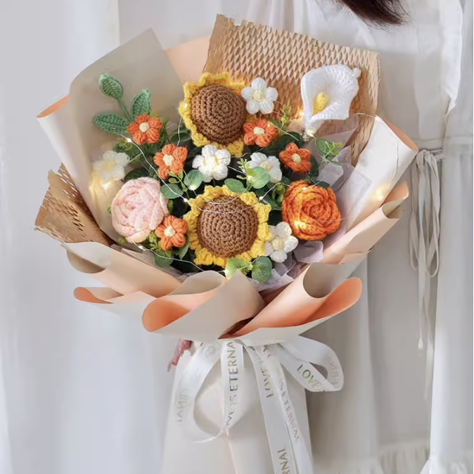 Crochet Light Cream Sunflower Bouquet - $69.00