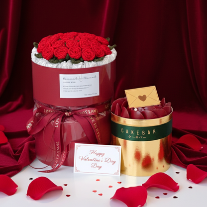 Red Roses Knitting Bouquet with Black Forest Cake (Set)