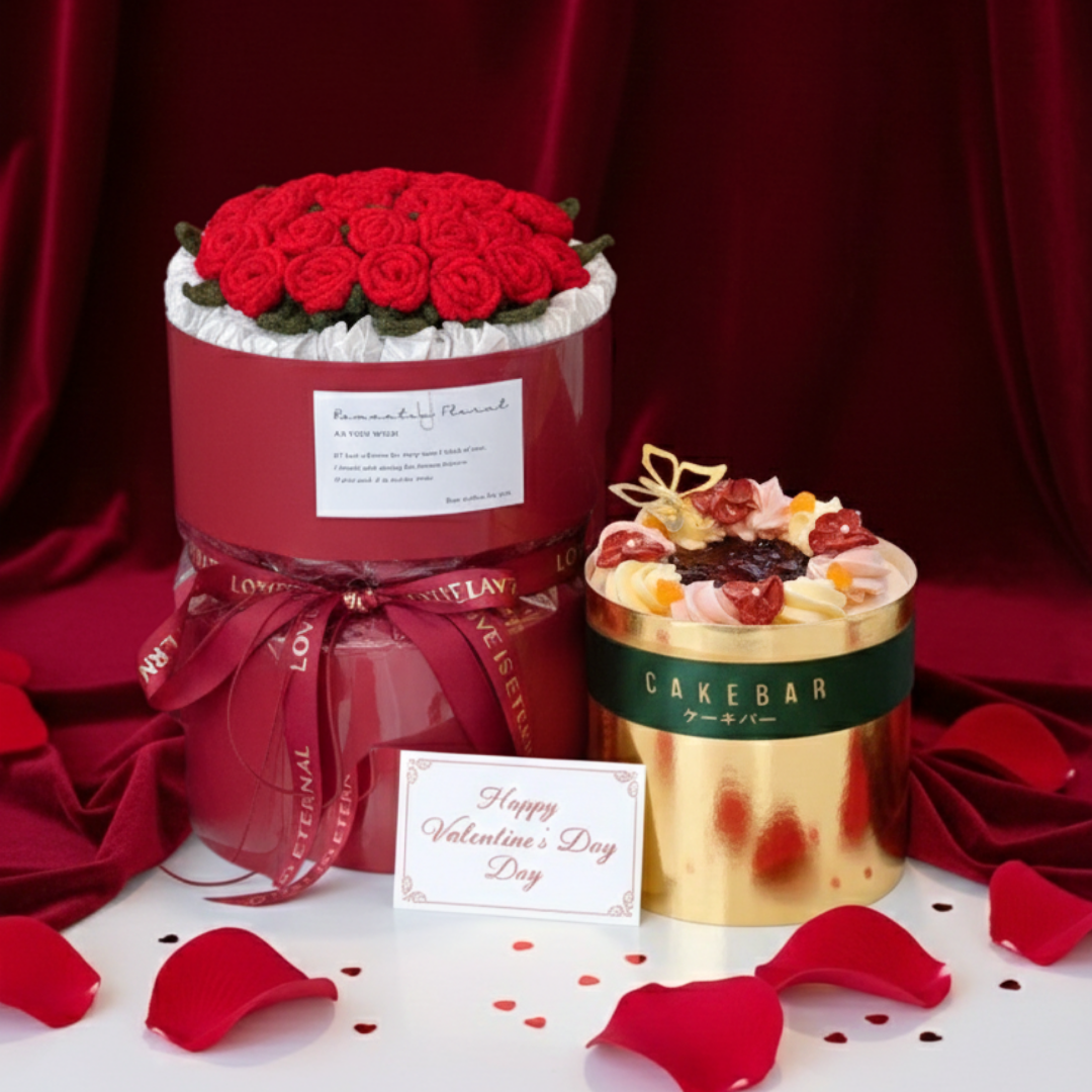 Red Roses Knitting Bouquet with Red Velvet Cake (Set)