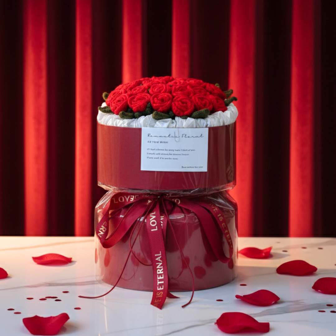 Red Roses Knitting Bouquet with Black Forest Cake (Set)