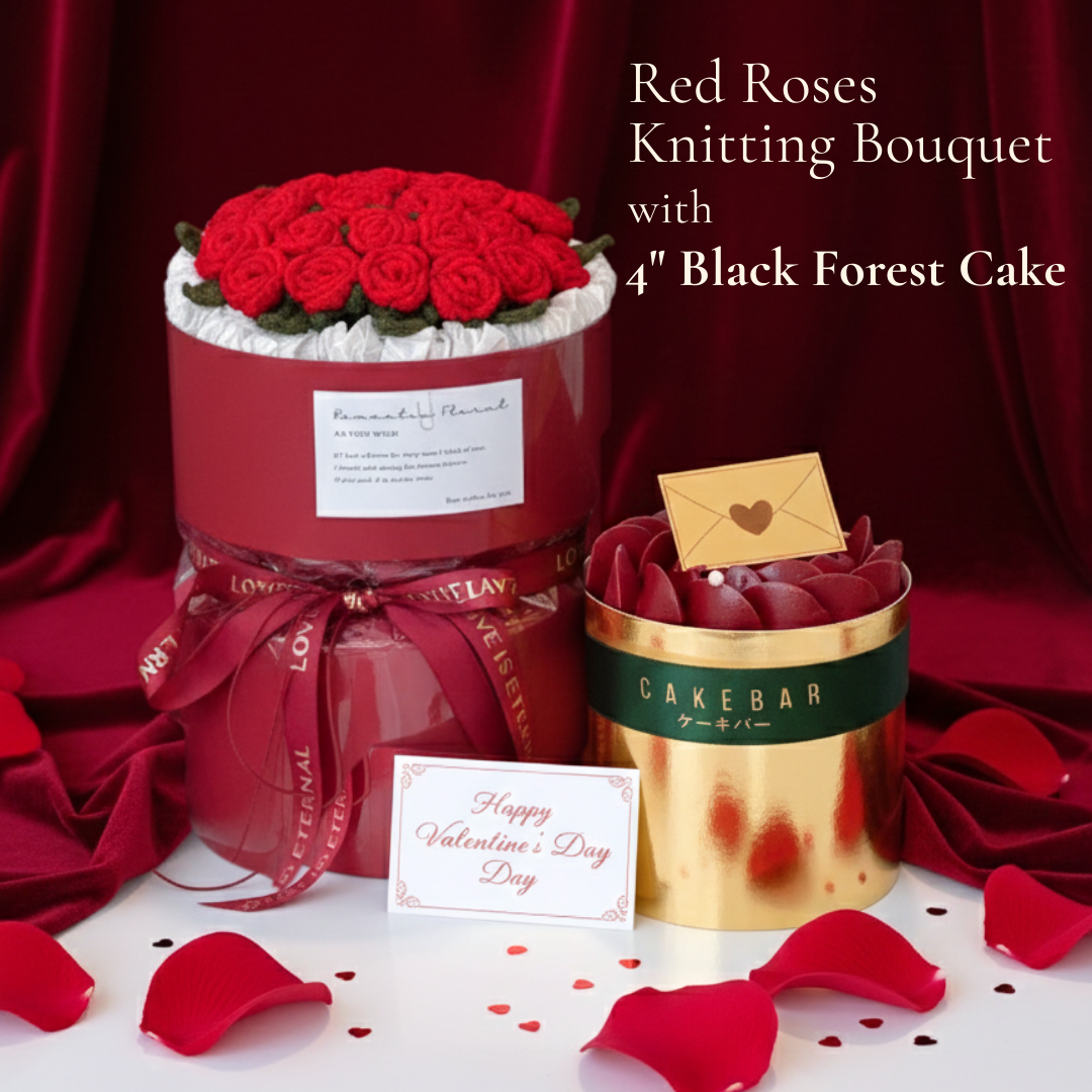Red Roses Knitting Bouquet with Black Forest Cake (Set)